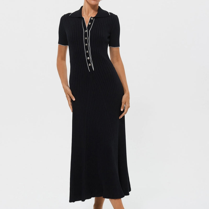 Rochie Ella neagra cu guler polo din tricot reiat