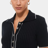 Rochie Ella neagra cu guler polo din tricot reiat