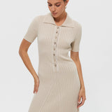 Rochie Ella crem cu guler polo din tricot reiat