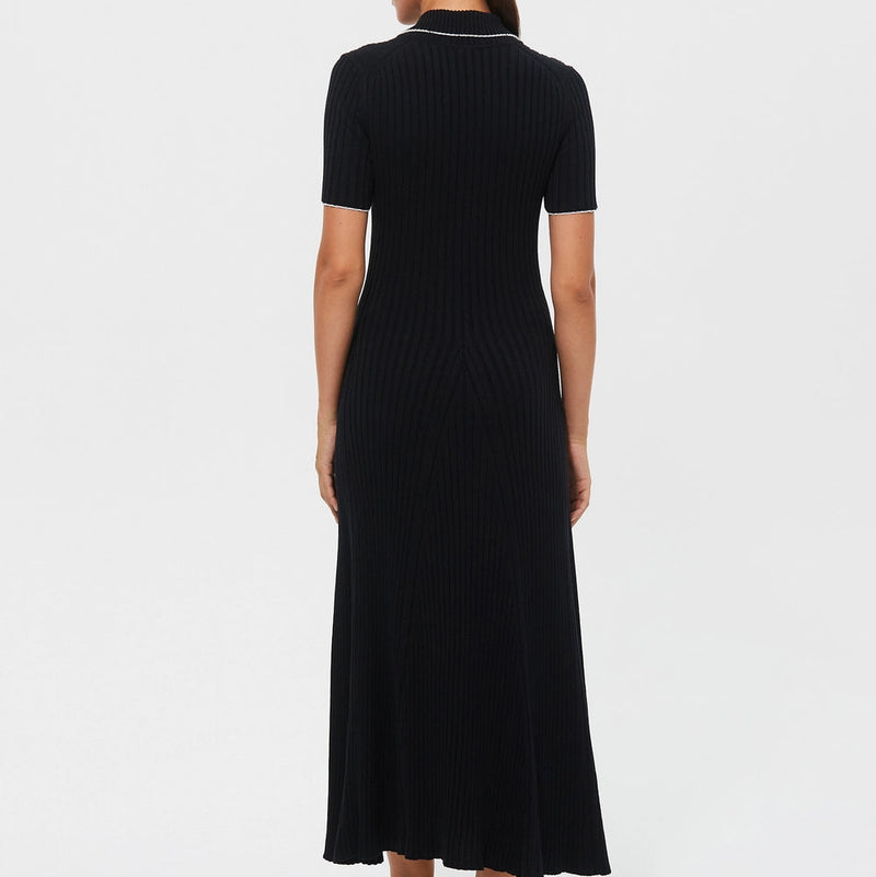 Rochie Ella neagra cu guler polo din tricot reiat