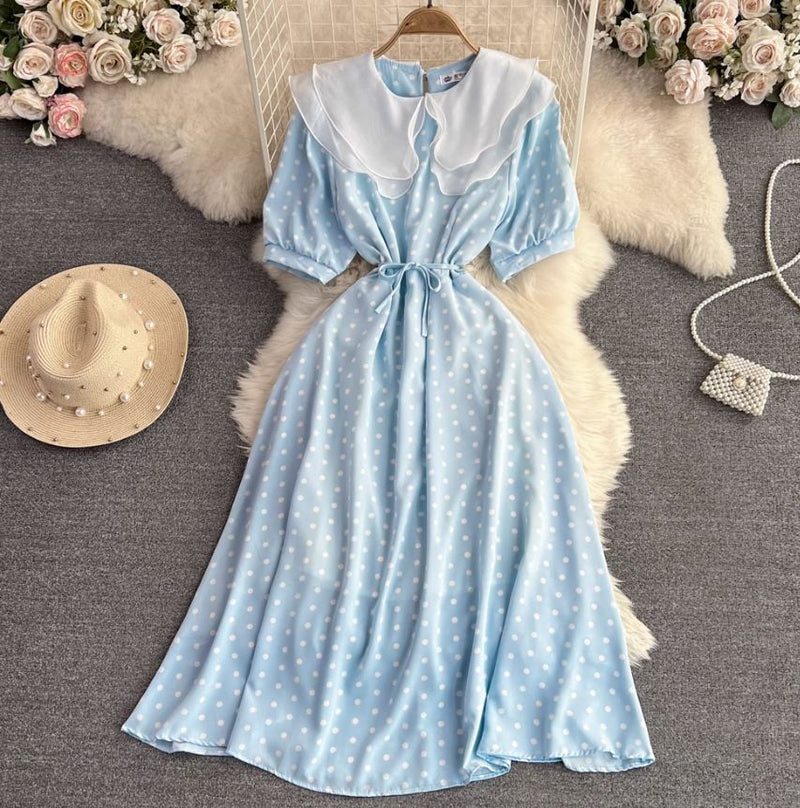 Rochie Amedia albastra cu imprimeu buline si guler dublu