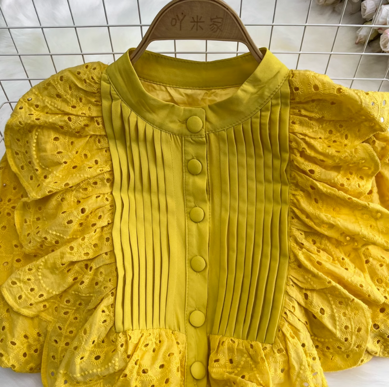Rochie Freance galbena din dantela brodata accesorizata cu volanase