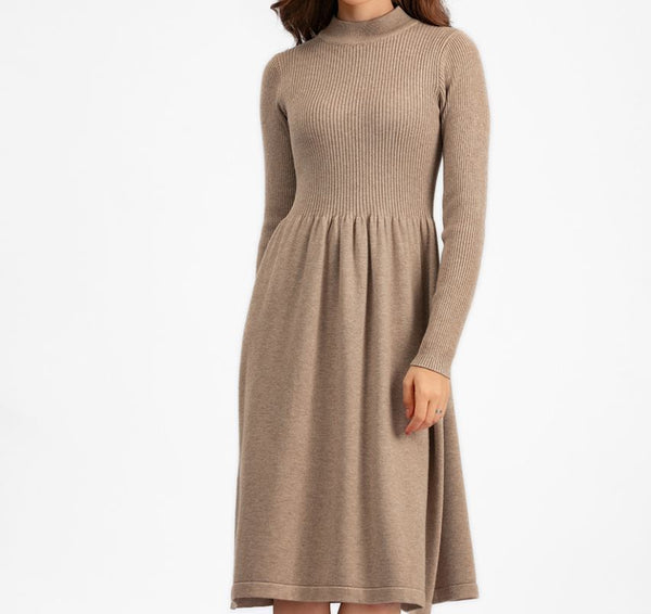 Rochie Ambra bej din tricot reiat