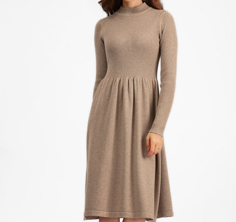 Rochie Ambra bej din tricot reiat