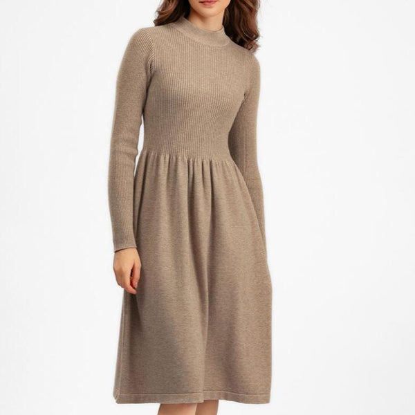 Rochie Ambra bej din tricot reiat