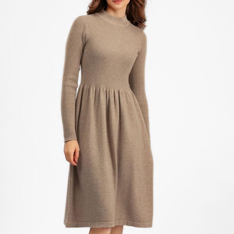 Rochie Ambra bej din tricot reiat
