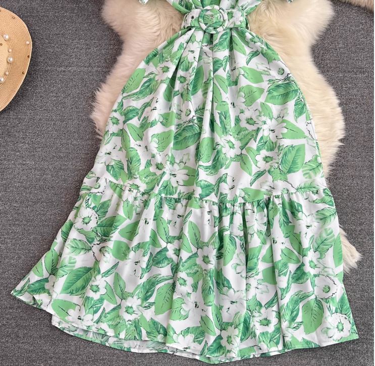 Rochie Gamma verde deschis cu imprimeu floral si curea accesorizata