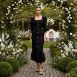Rochie Lady tip sirena, din tweed cu fundite si dantela