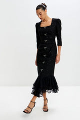 Rochie Lady tip sirena, din tweed cu fundite si dantela