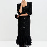 Rochie Lady tip sirena, din tweed cu fundite si dantela