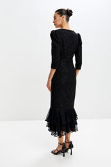 Rochie Lady tip sirena, din tweed cu fundite si dantela