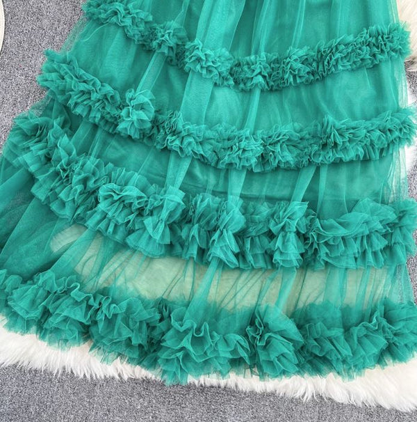 Fusta Volty verde din tulle cu incretitturi