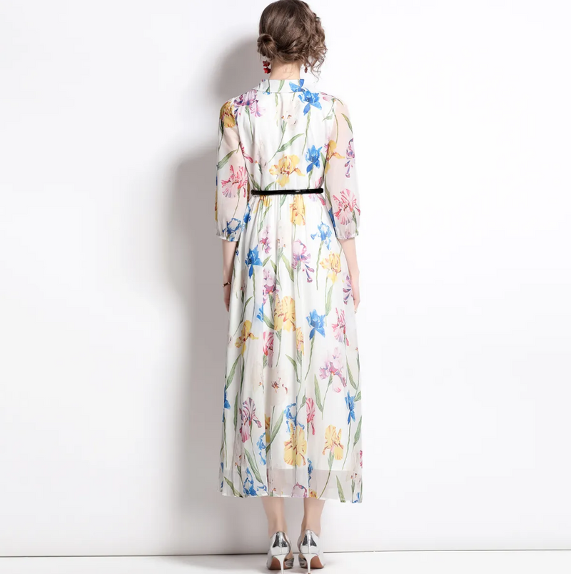 Rochie midi Alvada cu imprimeu floral si curea eleganta