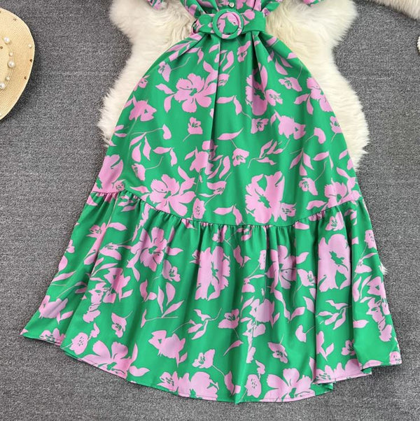 Rochie Gamma verde inchis cu imprimeu floral si curea accesorizata