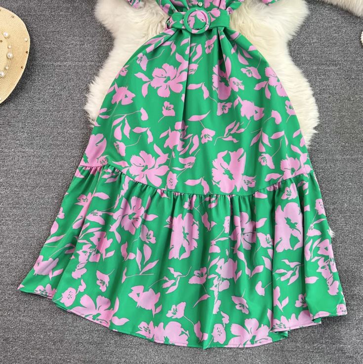 Rochie Gamma verde inchis cu imprimeu floral si curea accesorizata