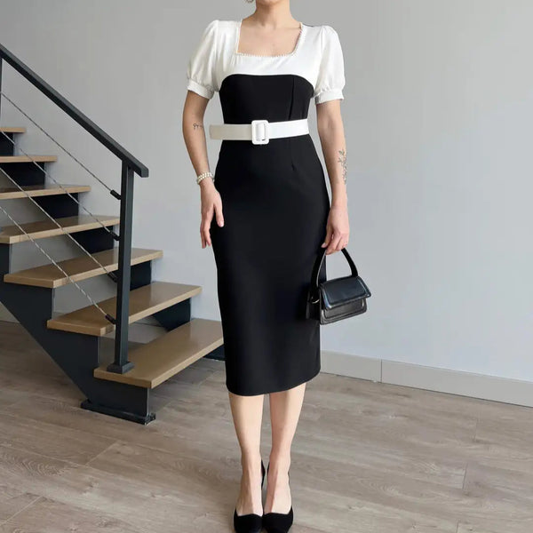 Rochie Prisella cu decolteu patrat accesorizat cu perle - curea inclusa