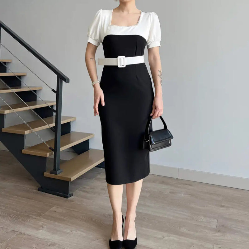 Rochie Prisella cu decolteu patrat accesorizat cu perle - curea inclusa