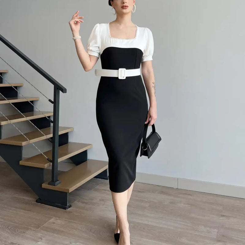 Rochie Prisella cu decolteu patrat accesorizat cu perle - curea inclusa