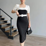 Rochie Prisella cu decolteu patrat accesorizat cu perle - curea inclusa