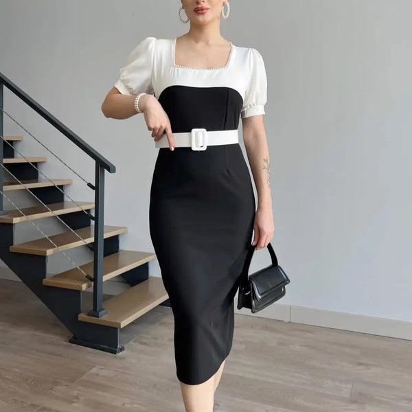 Rochie Prisella cu decolteu patrat accesorizat cu perle - curea inclusa