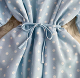 Rochie Amedia albastra cu imprimeu buline si guler dublu