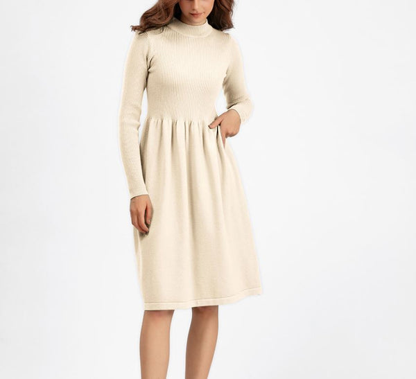 Rochie Ambra crem din tricot reiat