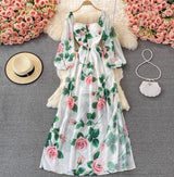 Rochie Fadima lunga cu maneci tip clopot si imprimeu floral