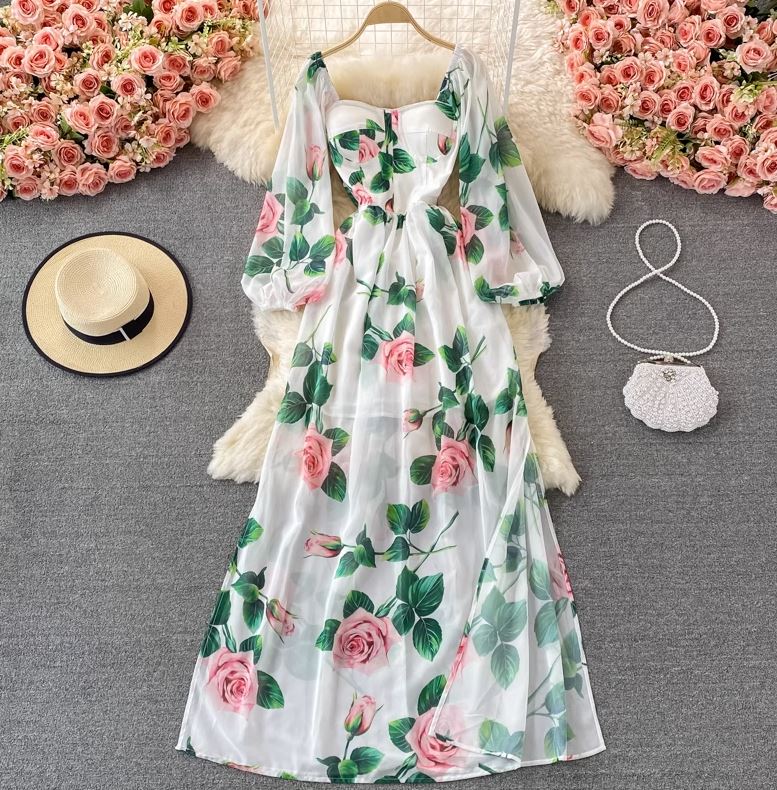 Rochie Fadima lunga cu maneci tip clopot si imprimeu floral