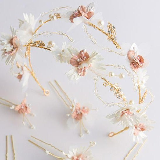 Set accesorii de par bentita si 5 agrafe cu flori si perle