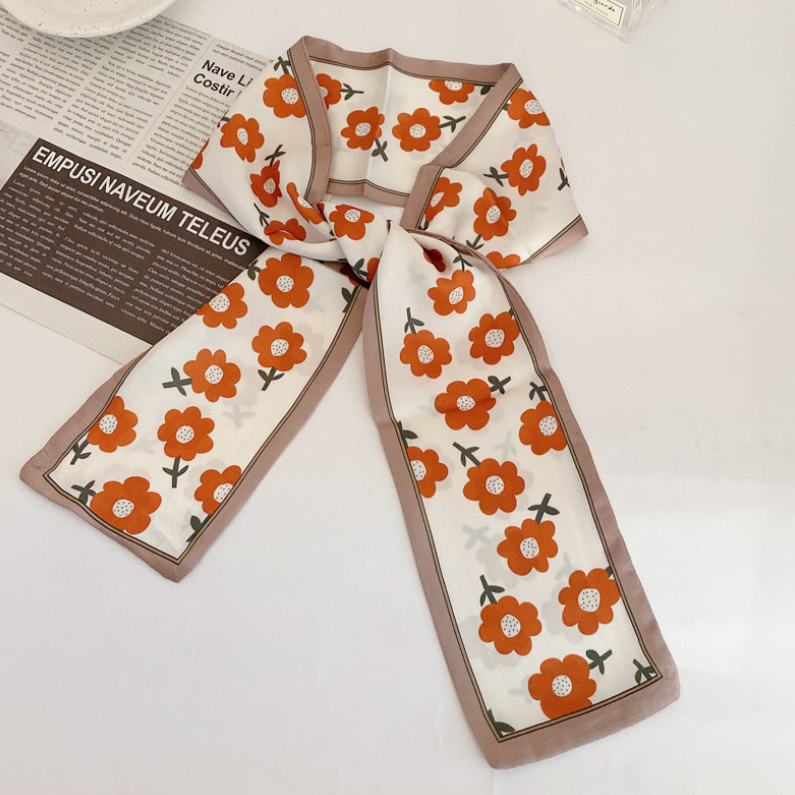 Panglica satinata pentru par, model floral portocaliu