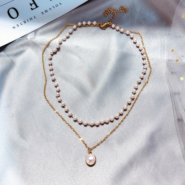 Colier in doua straturi - perle si lantisor simplu, pandantiv perla