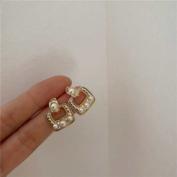 Cercei geometrici cu perle micro incrustate, ace de argint S925