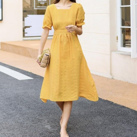 Rochie Mardella galbena din tesatura elastica