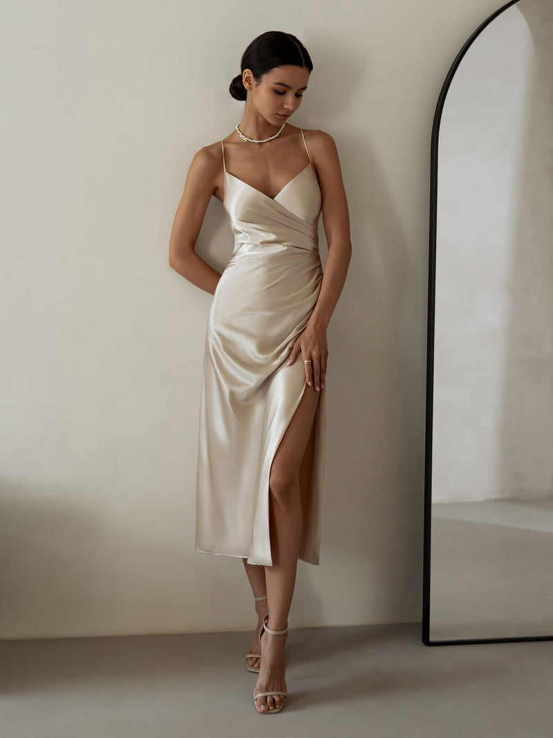 Rochie Rolina crem din satin
