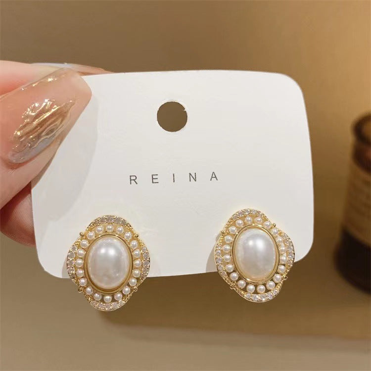 Cercei  ovali eleganti cu perla si pietre  cu ace de argint  S925