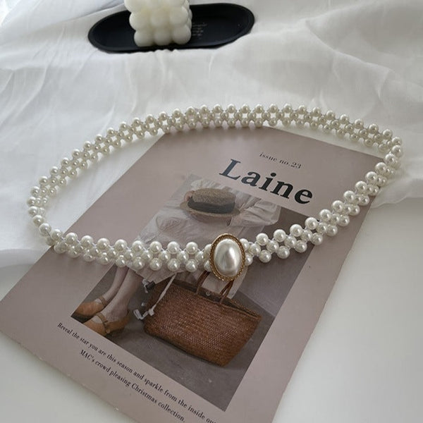 Curea elastica din perle, cu catarama perla ovala