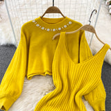 Set Redonita galben din tricot fin - compus din rochie cu bretele si pulover cu decolteu accesorizat