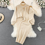 Set Redonita crem din tricot fin -  compus din rochie cu bretele si pulover cu decolteu accesorizat