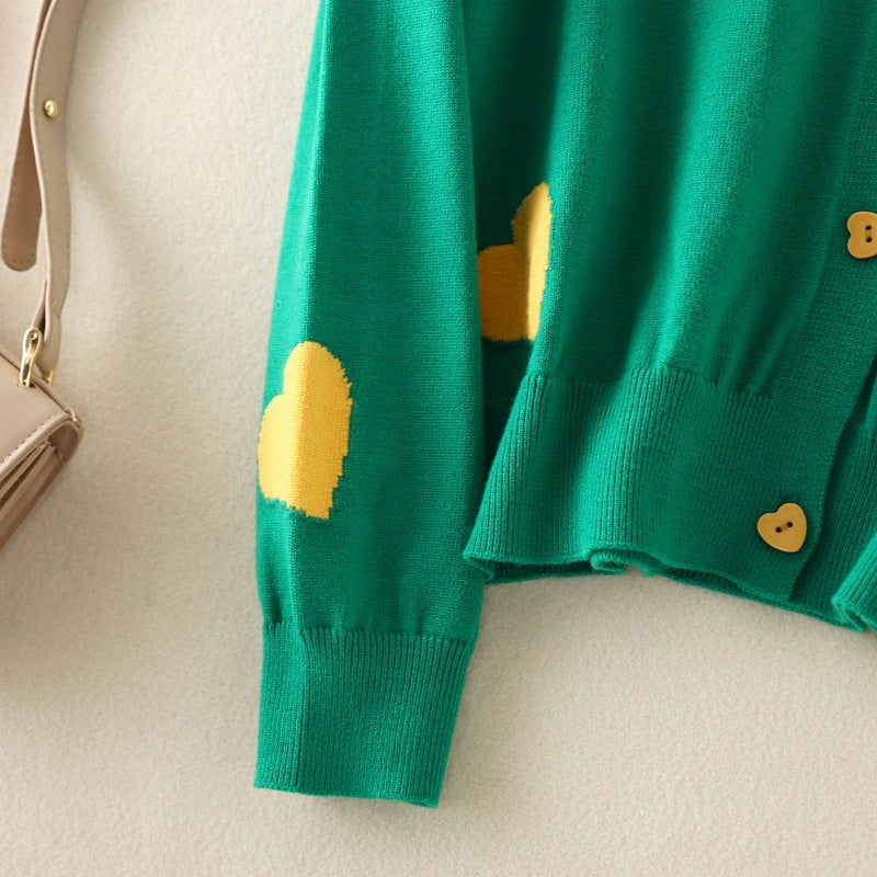 Cardigan Zizan verde din tricot fin, imprimat cu inimioare