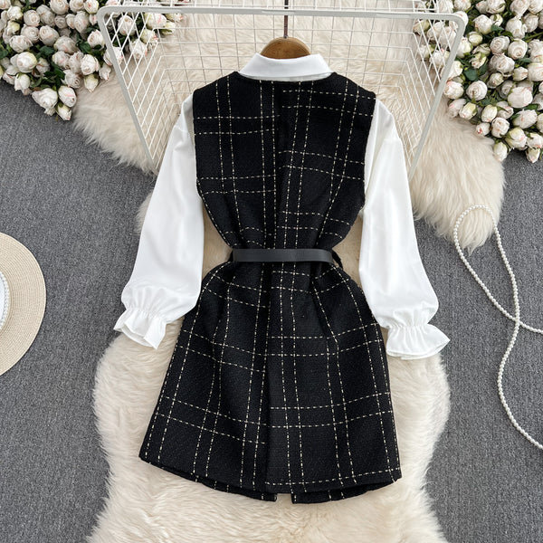 Set din tweed Dianis negru - compus din camasa, curea si rochie