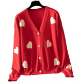 Cardigan Zizan rosu din tricot fin, imprimat cu inimioare