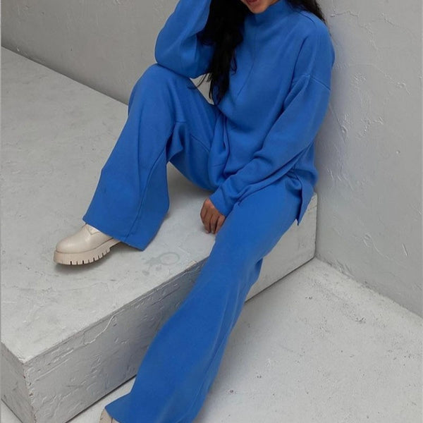 Set Simi albastru - bluza si pantalon din tricot reiat