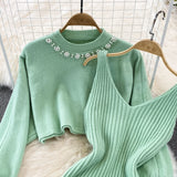 Set Redonita verde din tricot fin -  compus din rochie si pulover