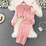 Set Redonita roz din tricot fin -  compus din rochie  si pulover