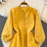 Rochie Malinda galbena din dantela brodata