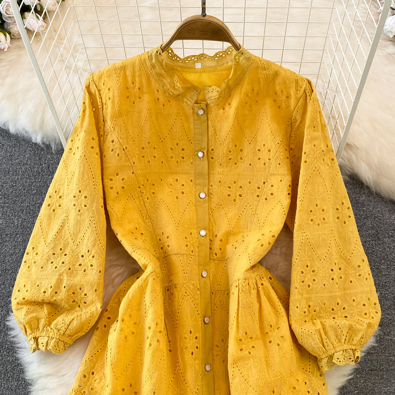Rochie Malinda galbena din dantela brodata