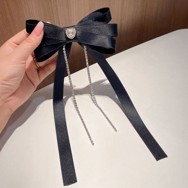 Agrafa de par tip funda tripla cu pietre stras si panglici lungi