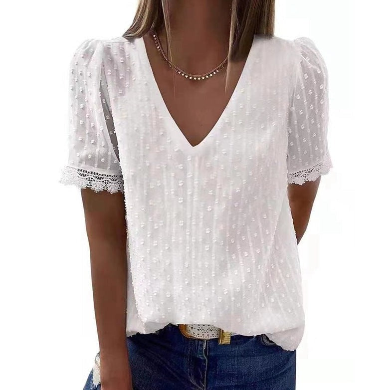 Bluza Amnia alba cu maneci scurte si dantela