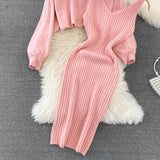 Set Redonita roz din tricot fin -  compus din rochie  si pulover