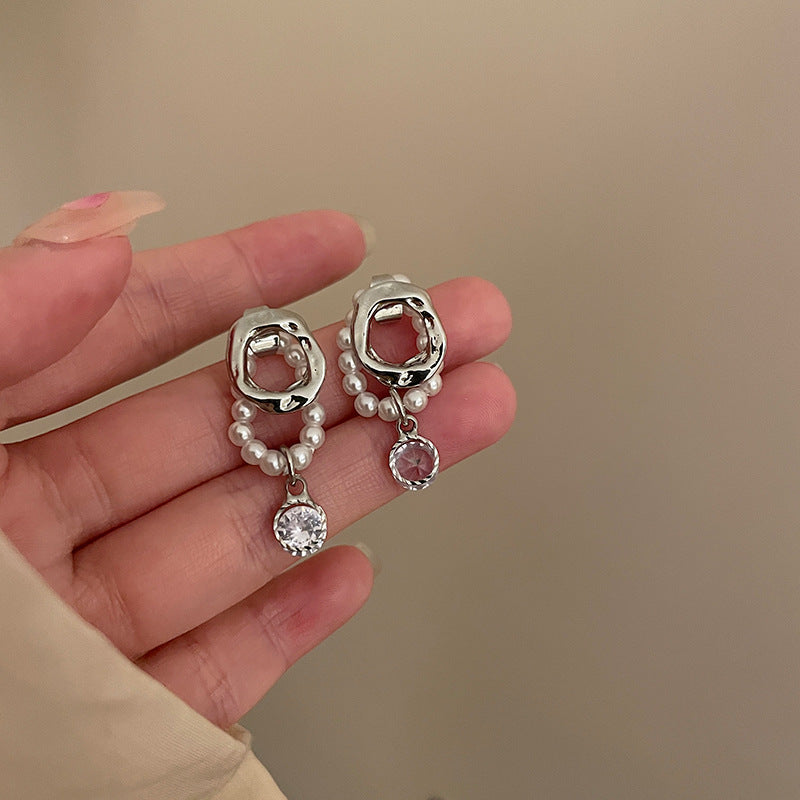 Cercei dubli rotunzi cu perle si pandantiv cristal, ace de argint S925